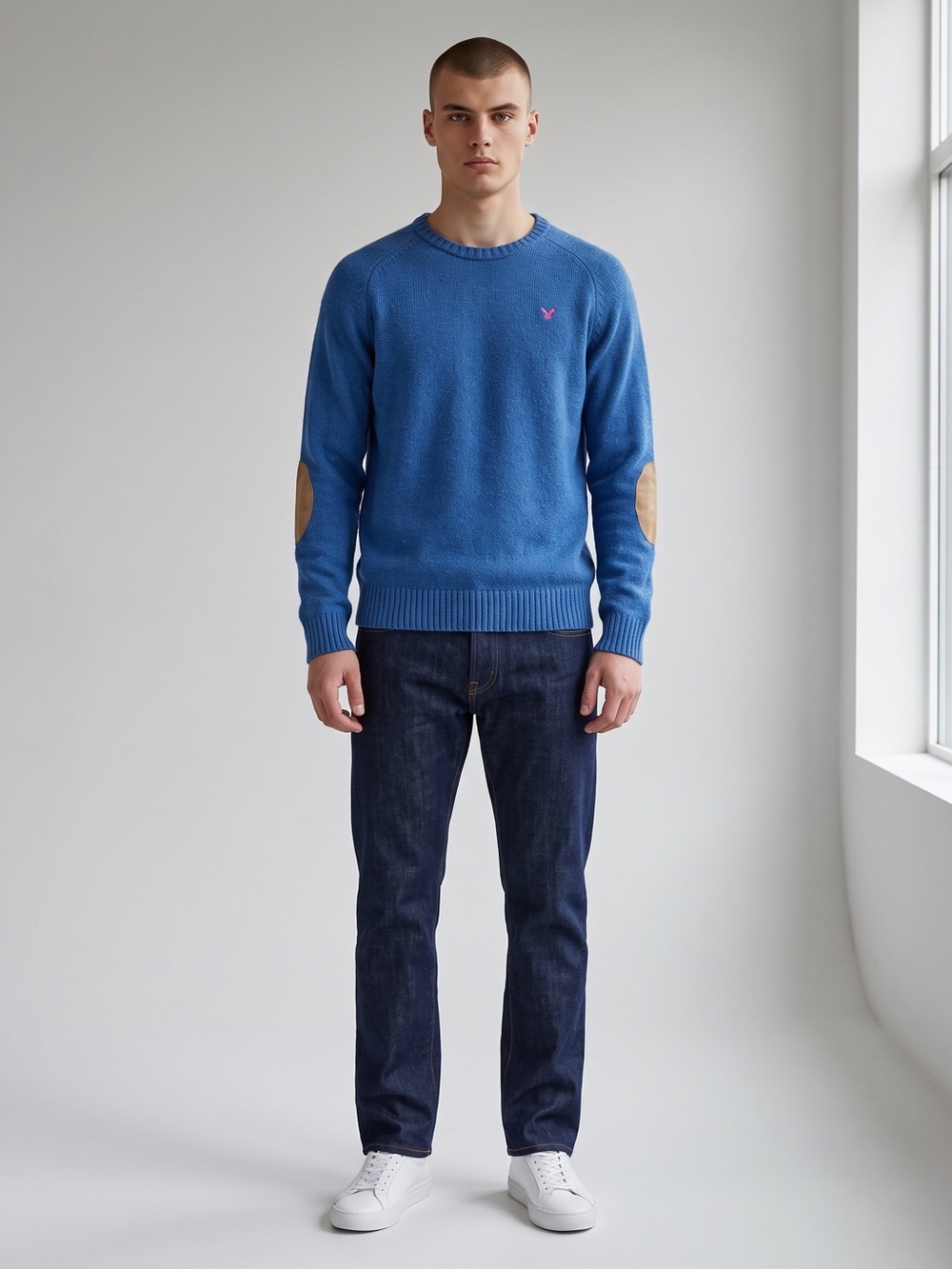 American Eagle Outfitters Blue Crewneck Sweater with Tan Elbow Patches